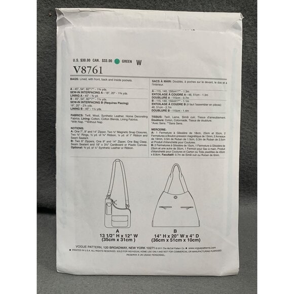 Vogue Patterns Marcy Tilton V8761 - Trendy Bag Designs - Uncut - Picture 2 of 2